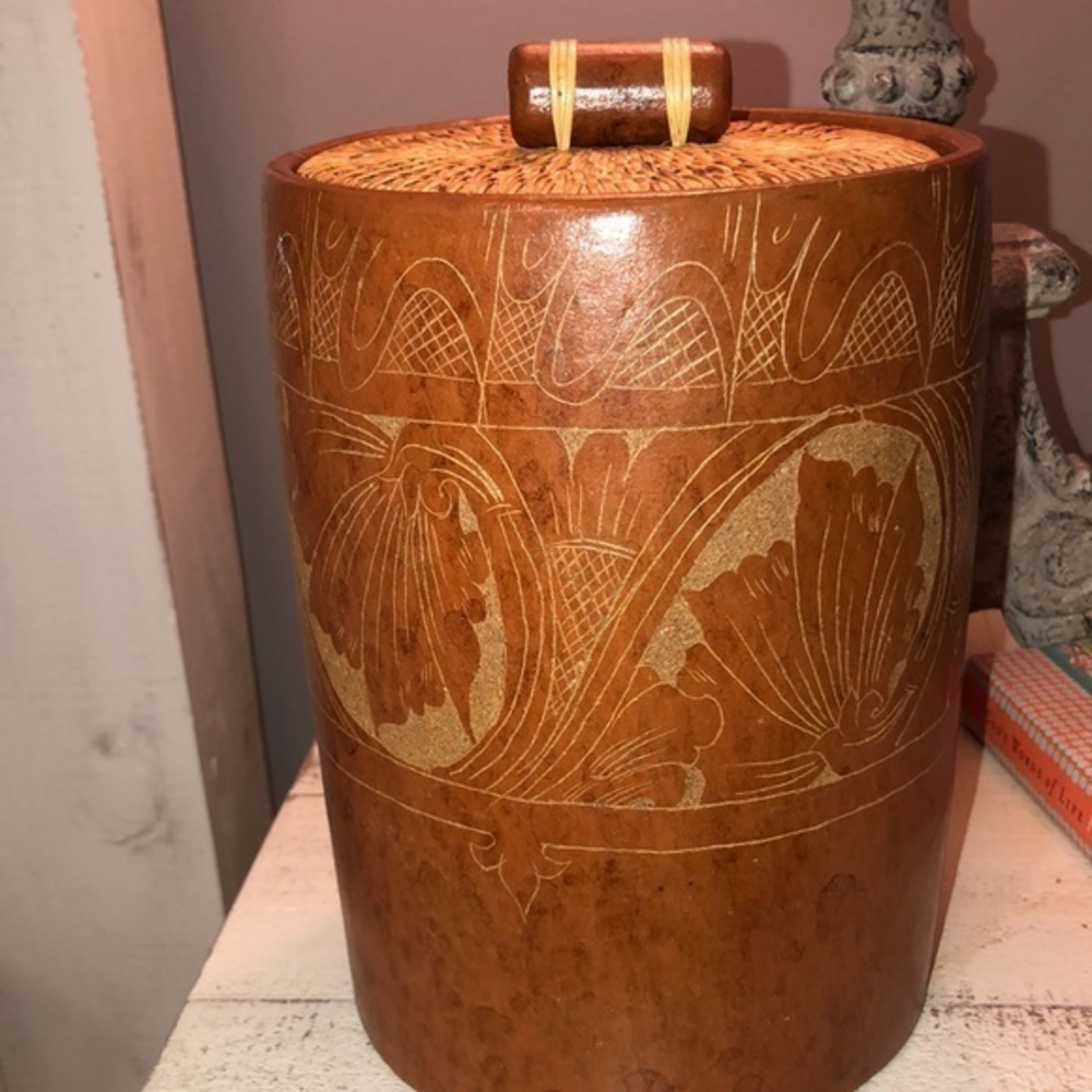 Decorative pottery piece with etched designs 8 inches tall and‎ 20 inches wide